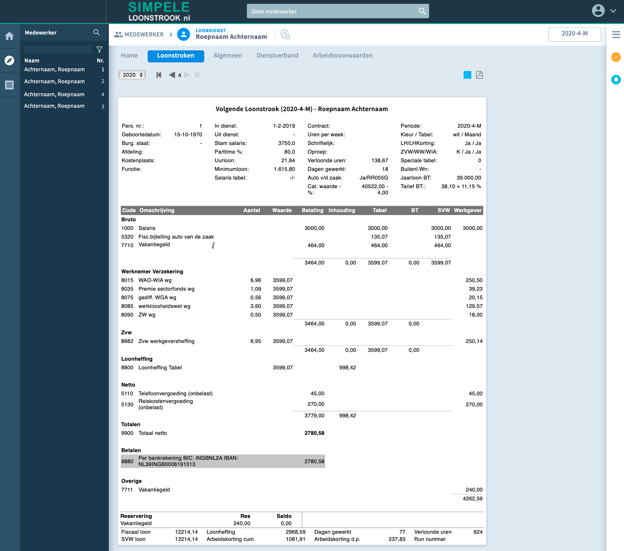 Bewerkbaar - medewerker loonstrook